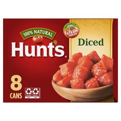 Hunt's Diced Tomatoes 8 Units / 411 g / 14.25 oz Enjoy the delicious taste of Hunt's chopped tomatoes. The flavor of Hunt's plant-ripened tomatoes enhances pizzas, casseroles, stews and chili con carne-176219