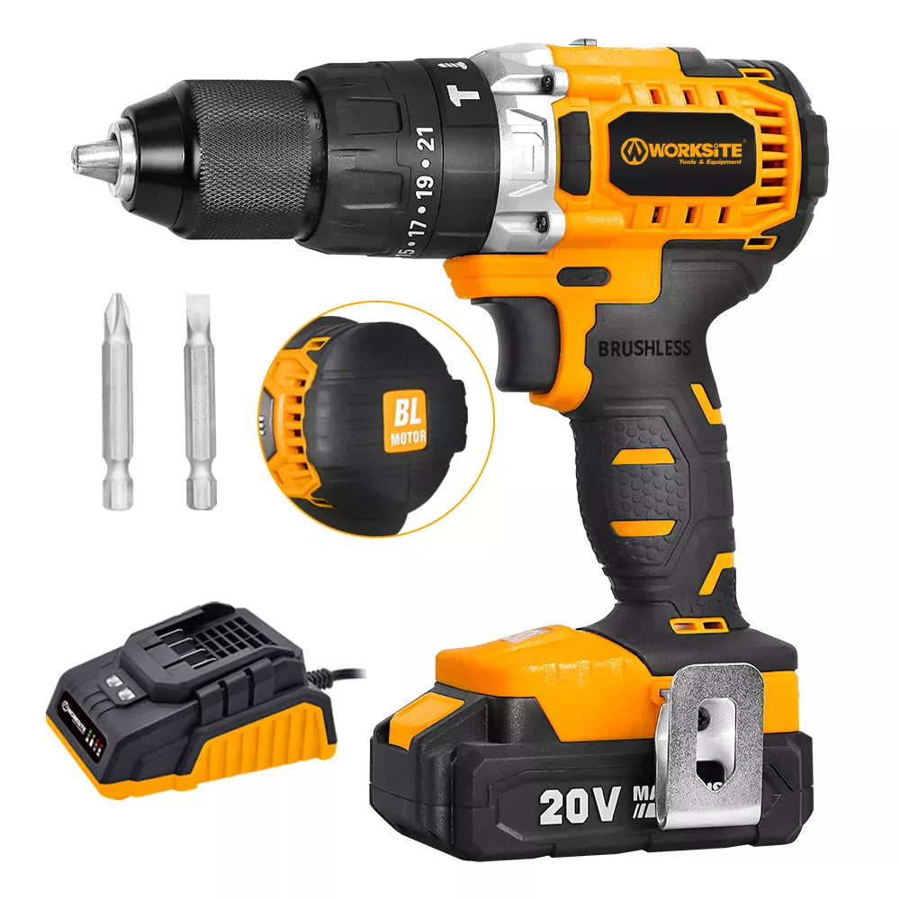 WORKSITE 2-Speed Hammer Drill, 1/2"(13mm), Brushless, Cordless, 20V Lithium-Ion Battery, Reversible Button, Optimized Shape & Rubber Hand Grip for easy Control, Automatic Spindle Lock, Built-in LED Work Light - CD320H Worksite Power Tools