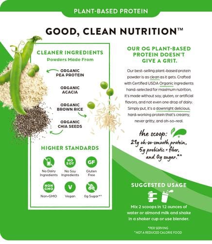 Orgain Plant Based Protein Powder 2.02 lb / 920 g This organic plant-based protein powder serves up 21g of vegan protein and only 150 calories in every serving. Fuel your body with clean-426638 Hannah's Variety Store