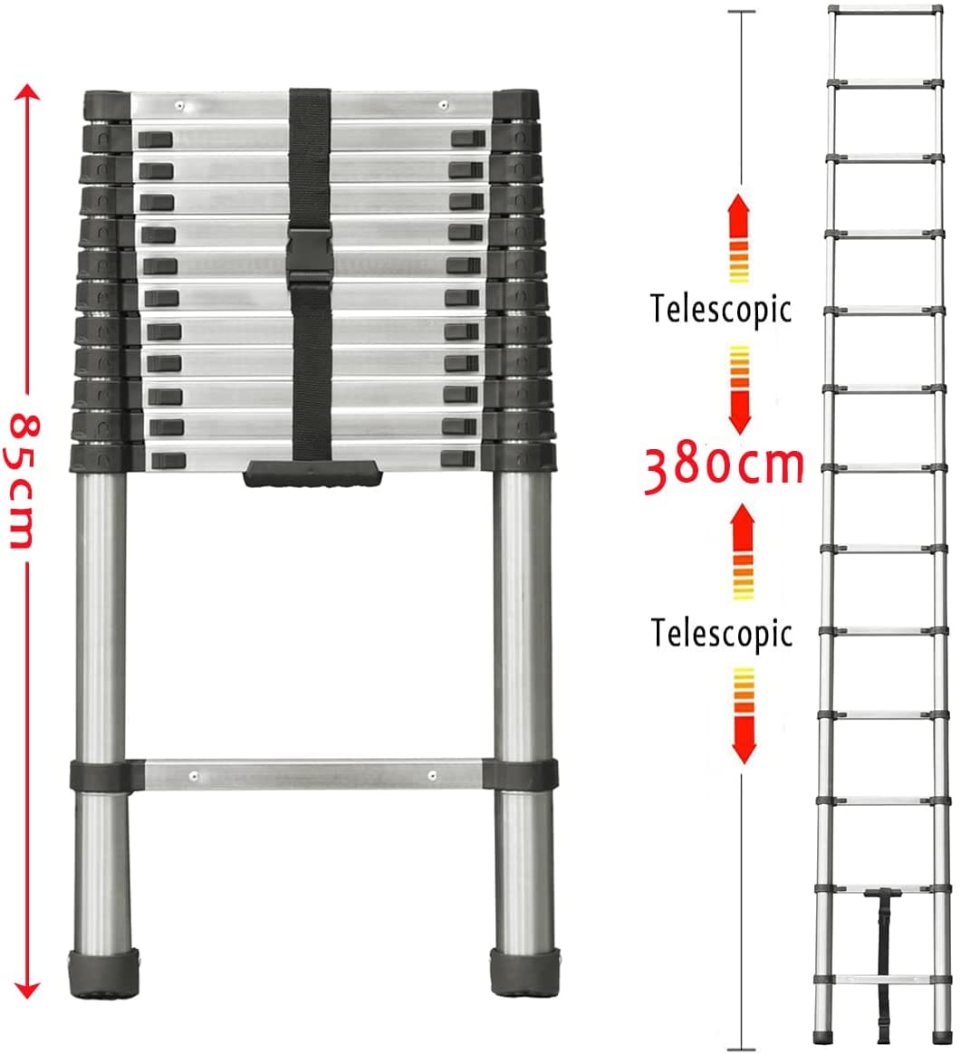 Dayplus 12.5FT/3.8M Stainless Steel Telescopic Ladder Foldable Telescoping Extension Ladder Loft Ladder 330lb Load ebuystt