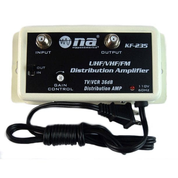 Nippon America's UHF VHF FM Distribution Amplifier 36db gain designed to be used in medium to large distribution systems amplifying signals from 40MHz to 900MHz. This amplifier also amplifies indoor and outdoor -KF-235