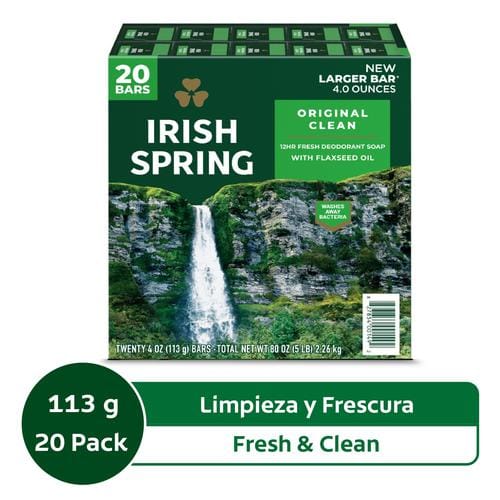 Irish Spring Deodorant Soap, 20 pack  113 g  20 X 113 G Large Bars - Washes away bacteria on body and can be used to wash your hands if you run out of hand soap. Paraben free bar soap, gluten free, and made without phthalates - 273680 dayana sifontes