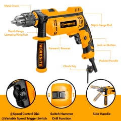 Worksite Impact Drill With Chuck Size 13mm(1/2 inches). Professional Impact Drill. Input Power - 750Watts Impact Drill, Adjustable Speed, Reversible - Voltage: 110-120Volts~,50/60Hz, No-load speed:0-3000/min - EID402 Worksite Power Tools