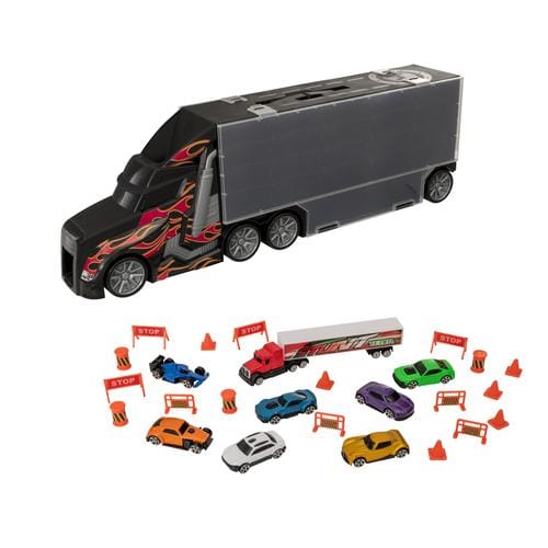 Teamsterz Hauler Dino themed transporter playset. Transporter features a drive through ramp, retractable handle for portable play, Free-moving wheels for push-along fun, opening side doors on either side-434082-5050841726411
