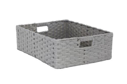 Set of 3 Faux Wicker Bins This set of three hand woven faux wicker storage baskets give you a beautiful way to store just about anything from sweaters, to books, to toys, or beauty supplies. Hand woven in a sturdy material that will endure-424988