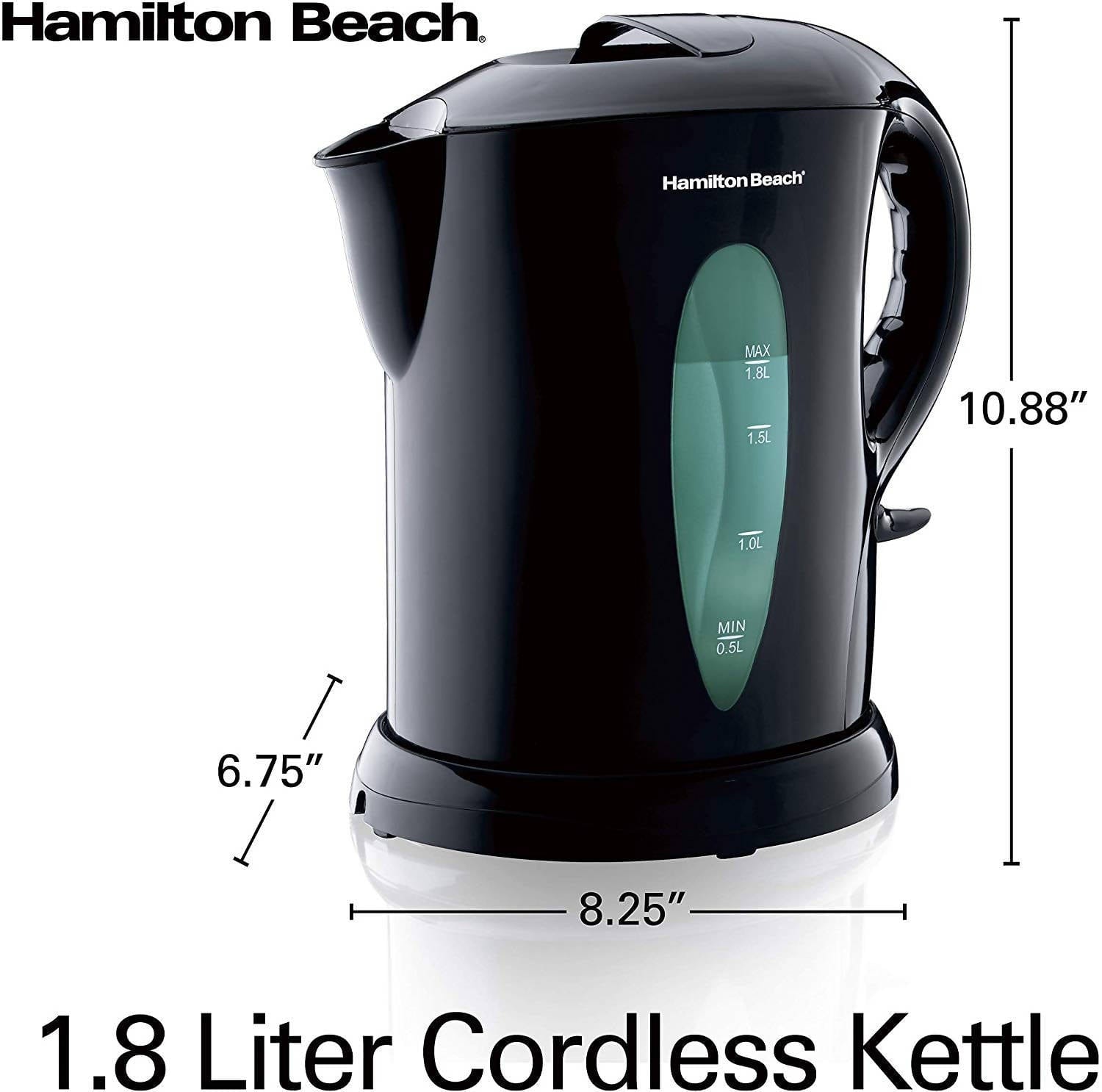 Hamilton Beach Electric Kettle Cordless 1.8L - Heat water faster and safer than on a stovetop with just a push of a button.  Is has a 1500 watt rapid-boil system that  provides heat quickly, so you’ll have boiling water in minutes - 407072