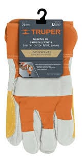 Truper Leather- Cotton Fabric Gloves with Leather Reinforcement in Palm, Index Finger and Thumb, Elastic Band on Top of the Wrists and Polyester Lining. Ideal for Heavy-Duty Applications, Manual and Power Tools Handling and General Purposes - 14246 MEGA