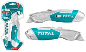 Total's Heavy Duty Utility Knife with Rubber Grip, 3-Position Retractable Locking Blade with 5 (61mm x 19mm) Replaceable Blades, Durable Zinc Alloy Construction. Ideal for Box Cutting, Arts and Crafts, Cutting Carpet, Drywall, Vinyl, and More - TG5126101 TOTAL