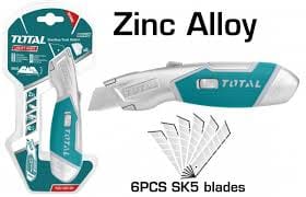 Total's Heavy Duty Utility Knife with Rubber Grip, 3-Position Retractable Locking Blade with 5 (61mm x 19mm) Replaceable Blades, Durable Zinc Alloy Construction. Ideal for Box Cutting, Arts and Crafts, Cutting Carpet, Drywall, Vinyl, and More - TG5126101 TOTAL