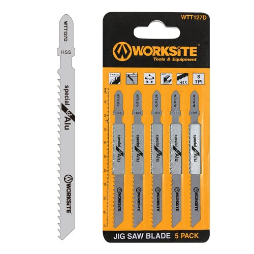 WORKSITE Jigsaw Blade Set. Cutting Tools 8TPI Jig Saw Blade. 5 Piece Jigsaw Blade For Aluminium. Designed With HSS Construction For Long Life. Ideal For Plastics (Soft And Hard), ABS, HDPE, Plexiglas, Acrylics, Cement Board, Aluminum- WTT127D Worksite Hand Tools