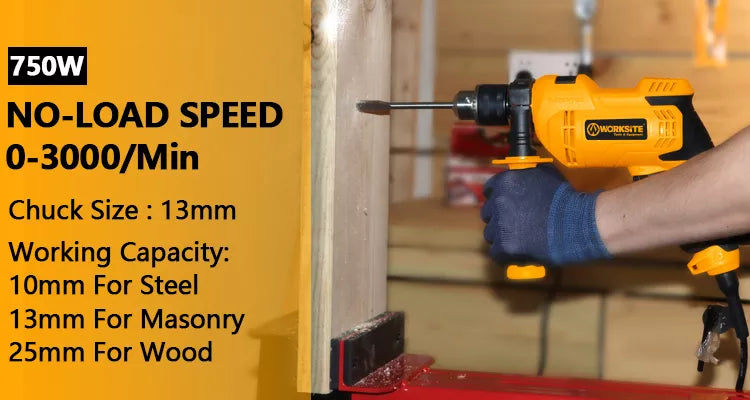 Worksite Impact Drill With Chuck Size 13mm(1/2 inches). Professional Impact Drill. Input Power - 750Watts Impact Drill, Adjustable Speed, Reversible - Voltage: 110-120Volts~,50/60Hz, No-load speed:0-3000/min - EID402 Worksite Power Tools