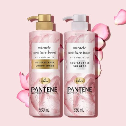 Pantene Shampoo and Conditioner 17.9 oz / 530 ml  This soothing shampoo's nutrient-infused formula combines a Pro-V blend of pro vitamin B5, antioxidants and rose extract to help gently cleanse and invigorate dry hair without stripping it-436922