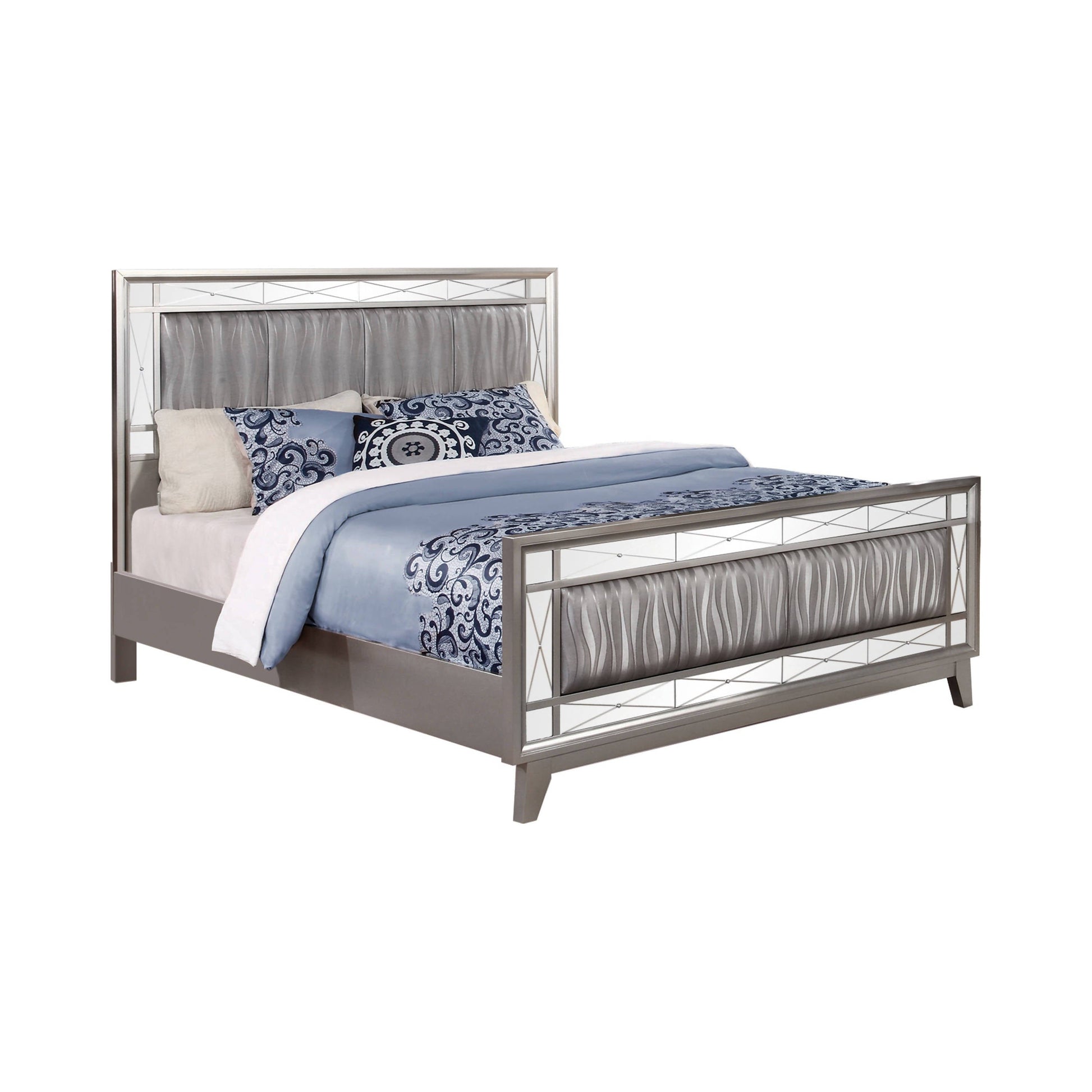 Leighton Queen Panel Bed With Mirrored Accents Mercury Metallic Collection: It Has An Upgraded Metallic Finish That Evokes Images Of Sparkling Mercury. This Bed Is An Absolute Delight For The Bedroom. Leighton SKU: 204921Q coastmega