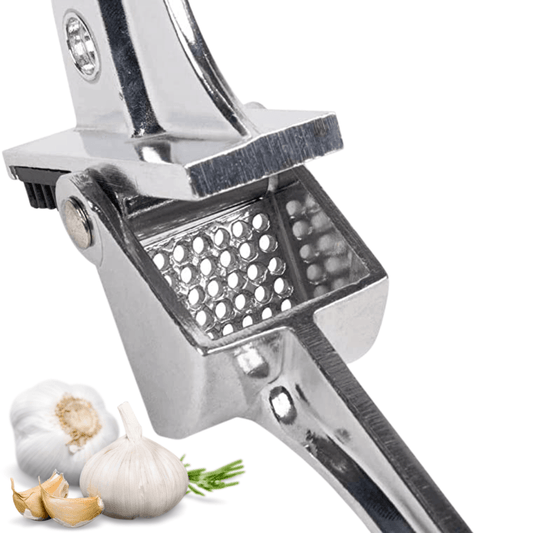 Royal Industries 7 inch Aluminum Garlic Press  This garlic press features pressing nubs that force the garlic through a stainless steel blade. It is extremely easy cleaning and won't leave your hands smelling like garlic all day-ROY GP Hannah's Variety Store