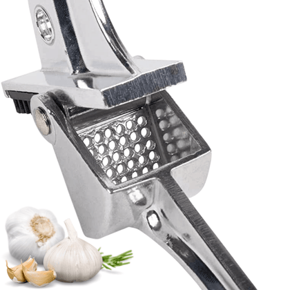 Royal Industries 7 inch Aluminum Garlic Press  This garlic press features pressing nubs that force the garlic through a stainless steel blade. It is extremely easy cleaning and won't leave your hands smelling like garlic all day-ROY GP