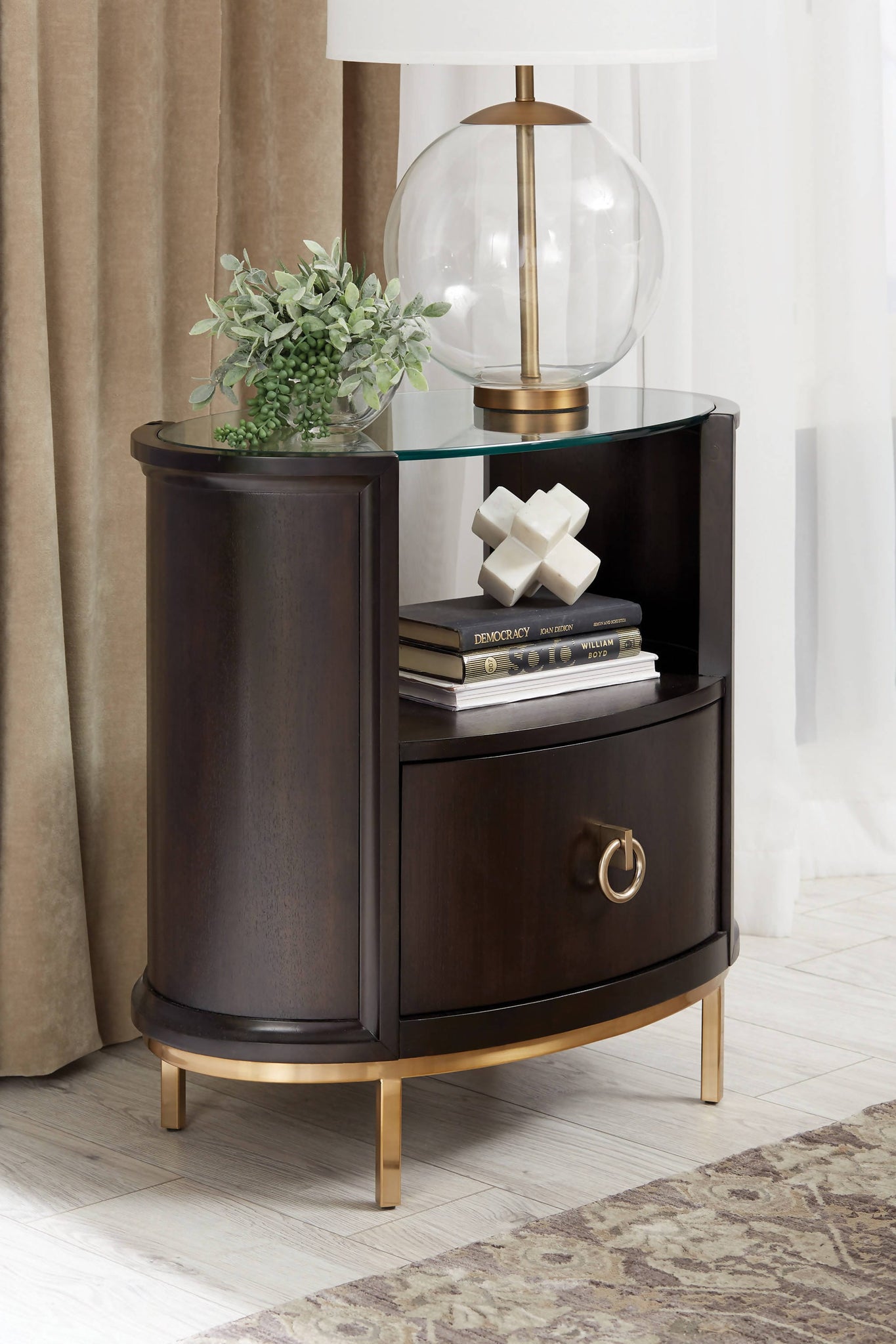 Formosa 1-Drawer Oval Nightstand Americano And Rose Brass Collection: Formosa SKU: 222822