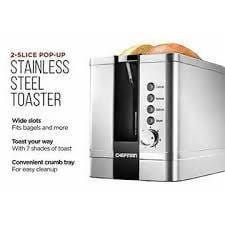 Chefman 2-Slice Pop-Up Stainless Steel Toaster w/ 7 Shade Settings, Extra Wide Slots for Toasting Bagels, Defrost/Reheat/Cancel Functions, Removable Crumb Tray, 850W, 120V, Silver / 407112