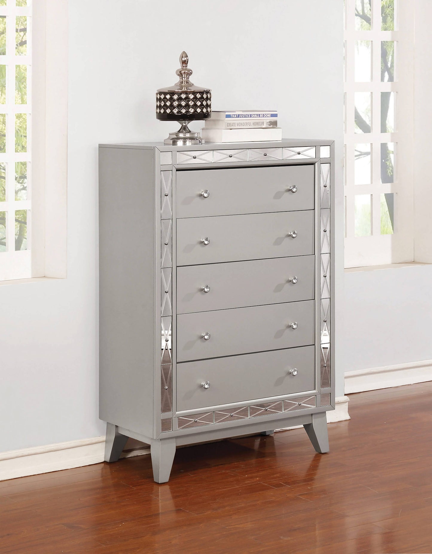 Leighton 5-Drawer Chest Metallic Mercury Collection: This Chest Adds A Touch Of Shimmer To Any Bedroom, Five Large Drawers Offer Plenty Of Convenient Space For Storage. Leighton SKU: 204925 coastmega