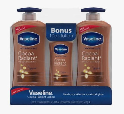 Vaseline Intensive Repair Lotion 50.6 oz /Lotion with pure cocoa butter. Non - Greasy. 2-20.3 oz Bottles + 1-10 oz Bottle. Total: 50.6 oz/ 26004 Ebuystt