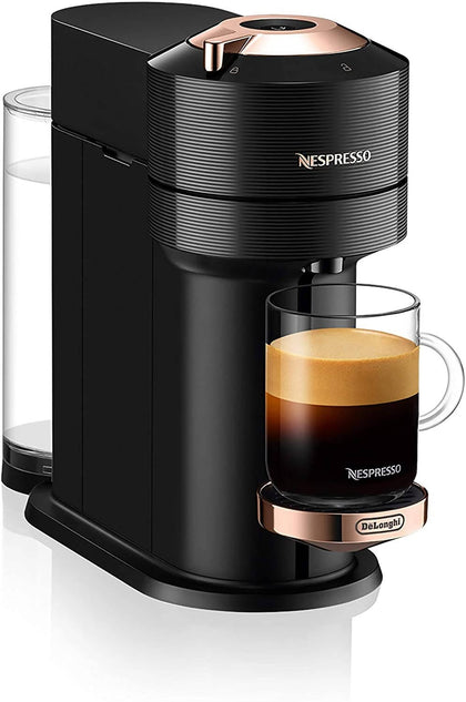 Nespresso by De'Longhi Vertuo Next Coffee and Espresso Machine (Rose Gold) brews drinks using coffee capsules, each of which includes a barcode that automatically adjusts the brewing parameters for ideal extraction - NESC-408-1030