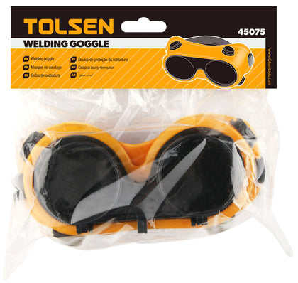 Tolsen Welding Goggles Eye protection glasses. Suitable for the realization of welding. Made of high impact resistant polycarbonate. Sides of yellow PVC, which adapts to the contour of the face-45075