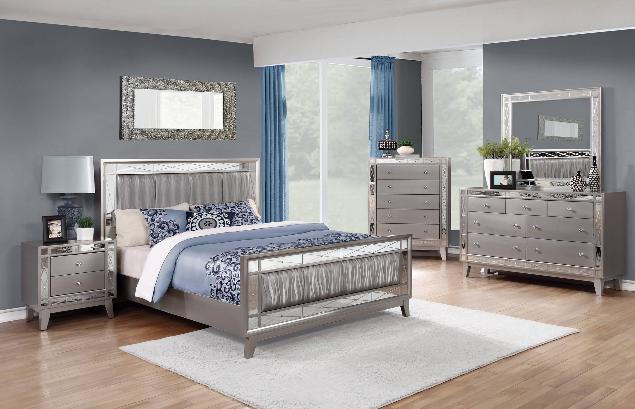 Leighton Queen Panel Bed With Mirrored Accents Mercury Metallic Collection: It Has An Upgraded Metallic Finish That Evokes Images Of Sparkling Mercury. This Bed Is An Absolute Delight For The Bedroom. Leighton SKU: 204921Q