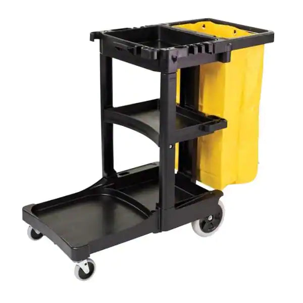 Janitotial cart Helping to improve efficiency with its innovative features, the Commercial Multi-Shelf Rubbermaid Janitor Cart was designed with increased storage capacity, three shelves for supplies, hooks for mop and broom handles and dust pans-JC12