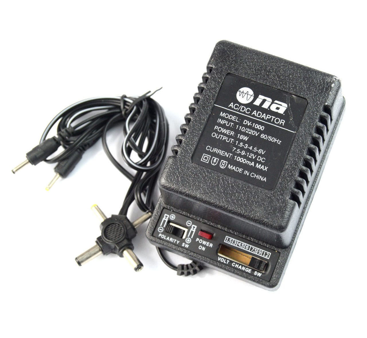 Nippon Universal AC/DC Adapter 1000mA Univeral AC/DC Adapter With 6 Tips From 1.5V To 12VDC .The universal 100 mA AC-DC adapter comes with 6 plugs-DV-1000 Hannah's Variety Store