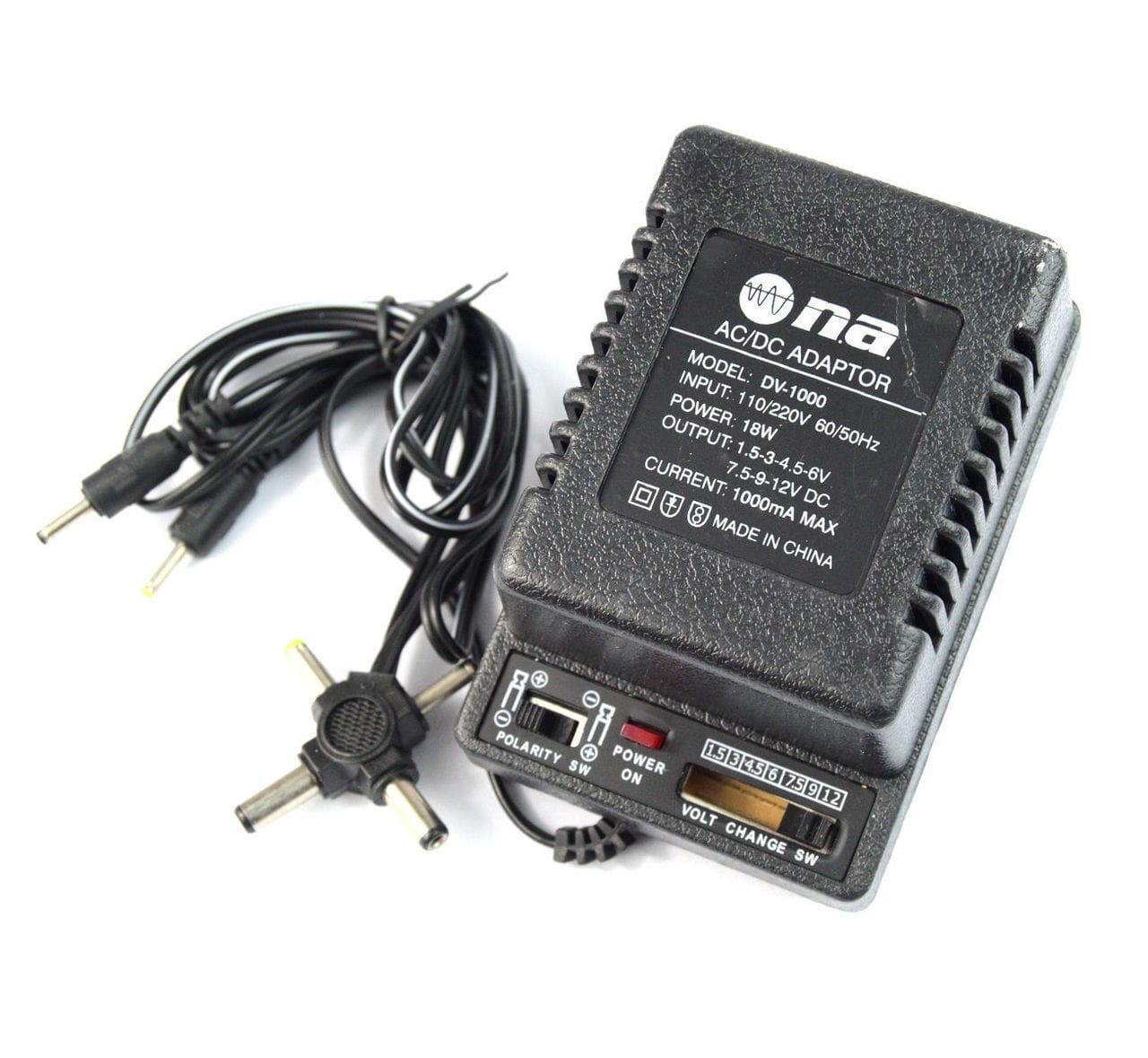 Nippon Universal AC/DC Adapter 1000mA Univeral AC/DC Adapter With 6 Tips From 1.5V To 12VDC .The universal 100 mA AC-DC adapter comes with 6 plugs-DV-1000