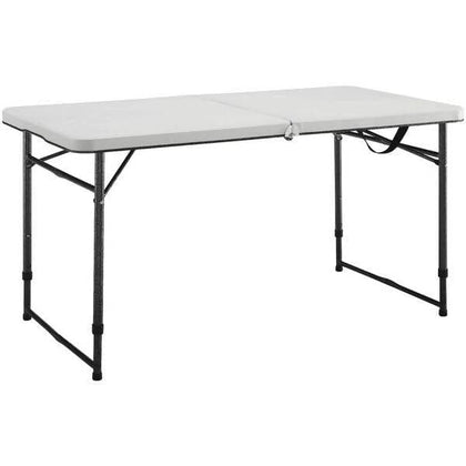 Lifetime Folding Table 4' Rectangular Lifetime 4 Foot Adjustable Fold In Half Tables are constructed of high density polyethylene and have three adjustable height settings - 4429