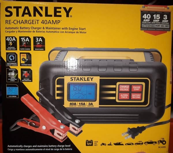 Stanley Battery Charger 15 amp Get back on the road in minutes with the Stanley 15 Amp car battery charger with fast, high frequency technology, it delivers 3 stage charging automatically switching from Bulk to Absorption and top off-265700