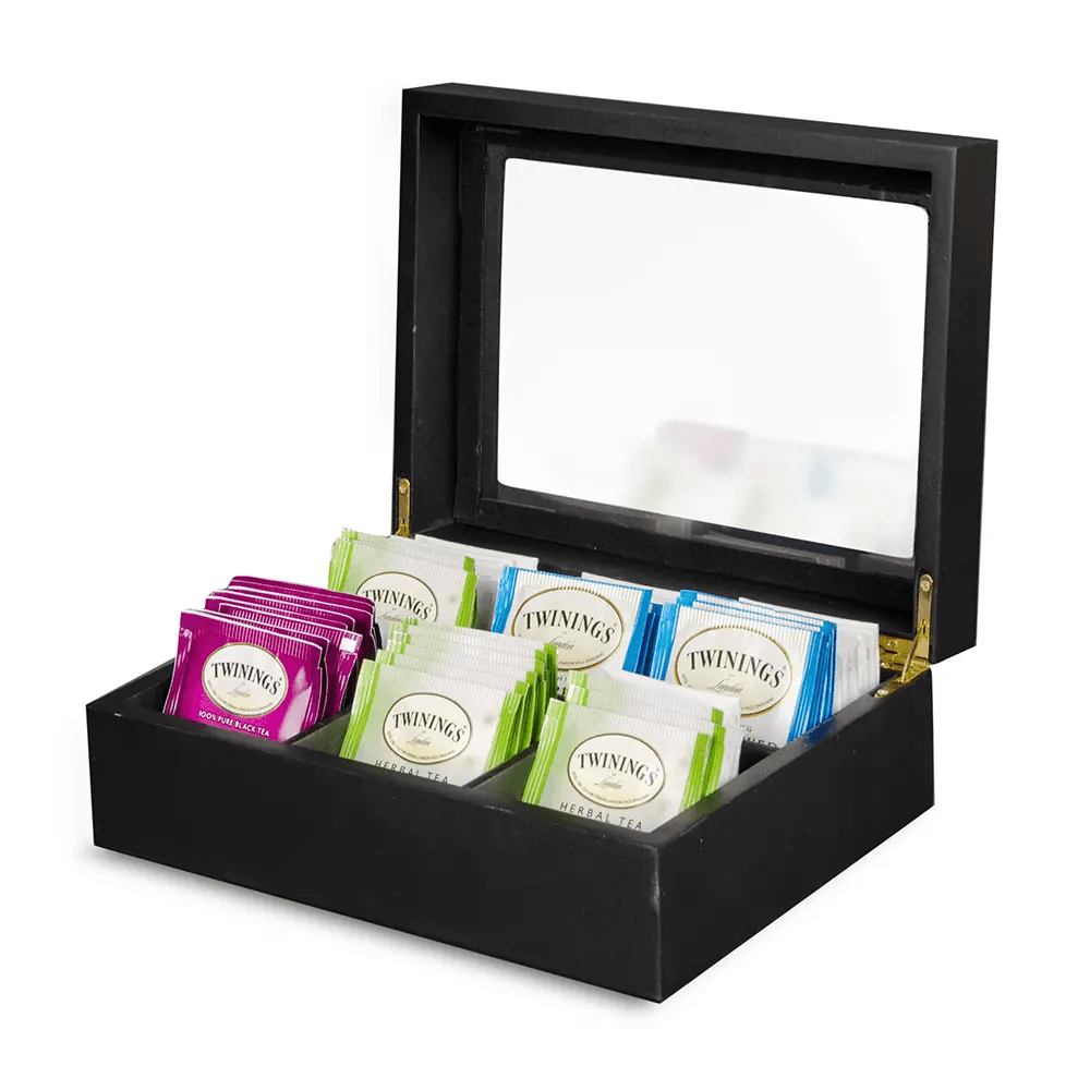 Wooden Tea Chest with window 6 compantment/hold 72 teabags This wooden tea chest is a simple yet effective addition to your cafe, coffee shop, hotel or buffet’s self service station-WTC Hannah's Variety Store