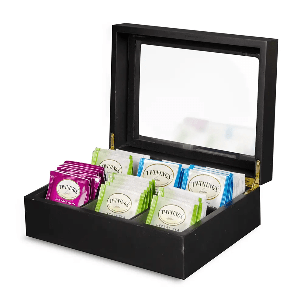 Wooden Tea Chest with window 6 compantment/hold 72 teabags This wooden tea chest is a simple yet effective addition to your cafe, coffee shop, hotel or buffet’s self service station-WTC