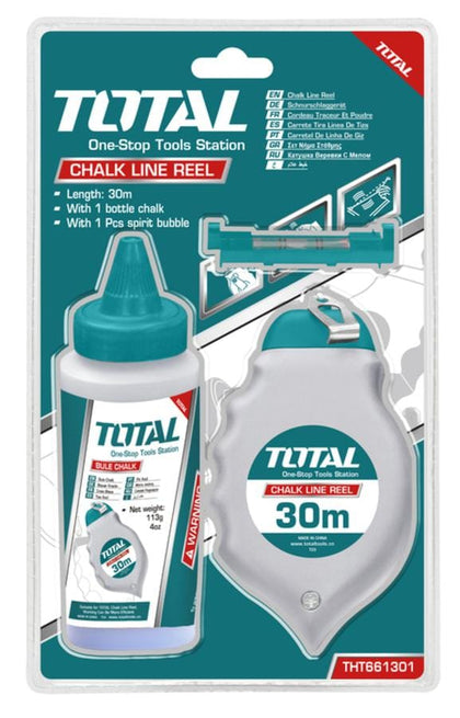 Total Chalk Line Reel includes 30m Chalk Line, Bottle Chalk 4oz and Spirit Bubble THT661301