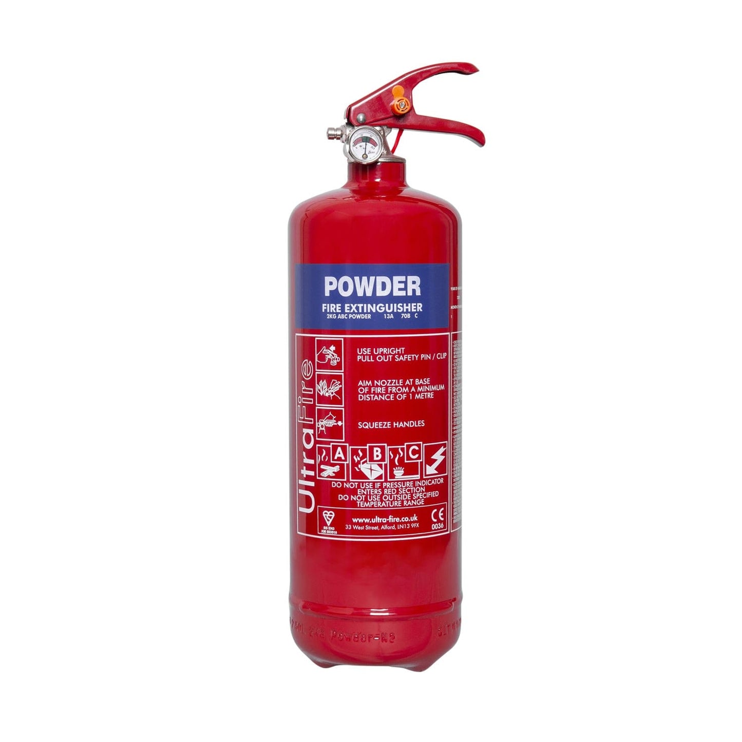 Powder Fire Extinguisher - suitable for use on class A fires involving solid materials, class B fires involving flammable liquids, class C fires involving flammable gases, and fires involving electrical equipment. - 2KG -2UFE ebuystt