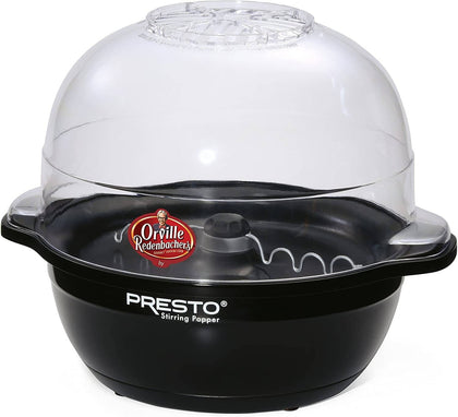 Presto Orville Redenbacher's Stirring Popper (Black) pops up to 6 quarts of popcorn or kettle corn. Motorized arm stirs corn as it pops for virtually no unpopped kernels. Built-in melter distributes butter over corn as it pops - 05204