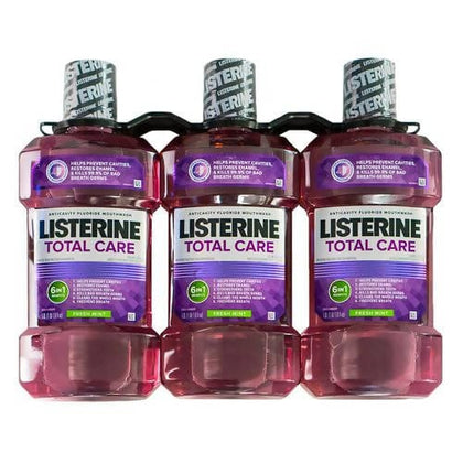 Listerine Total Care Anticavity Mouthwash, 6 Benefit Fluoride Mouthwash for Bad Breath and Enamel Strength, Fresh Mint Flavor, 3 Pack Each 1 L / 396596