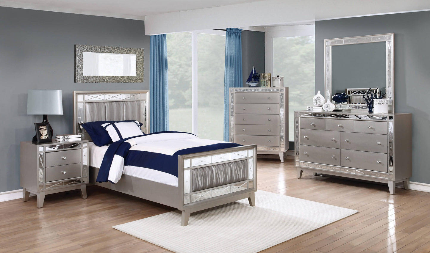 Leighton Twin Panel Bed With Mirrored Accents Mercury Metallic Collection: The Leighton Collection Presents This Magnificent Glam-Style Bed. This Bed Is An Absolute Delight For The Bedroom. Leighton SKU: 204921T coastmega